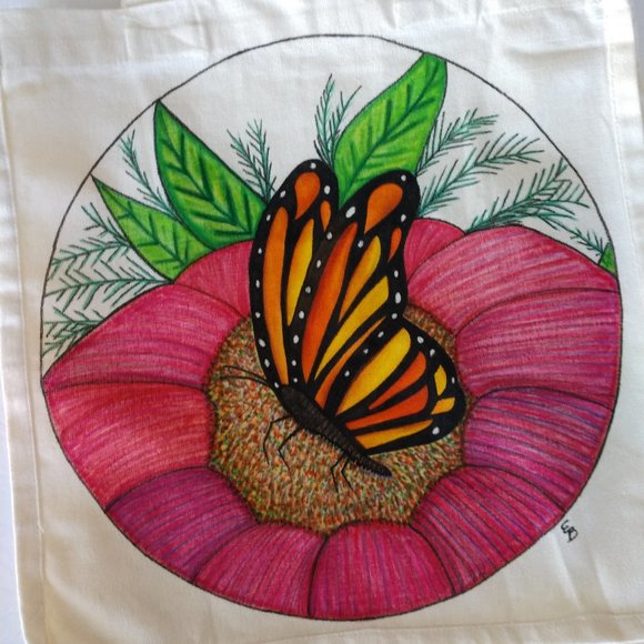 Handmade Reusable Tote Bag With Hand Painted Monarch Butterfly on a Pink Flower - Picture 1 of 16